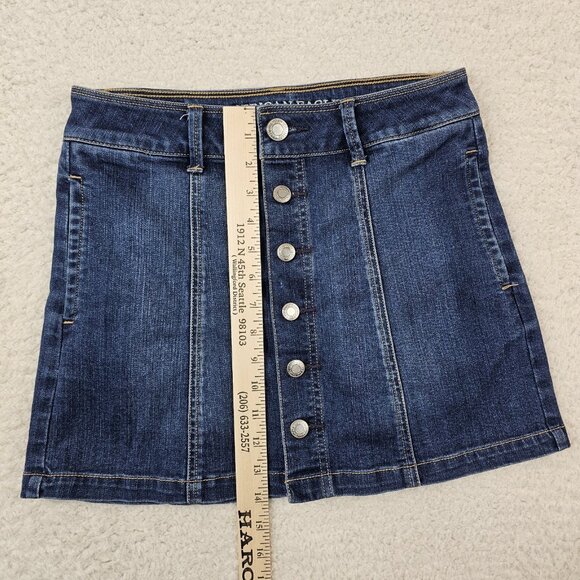 AE American Eagle Jean Skirt Women 2 Blue Y2K Hi Rise A Line Button Fly Pocket - Picture 4 of 10
